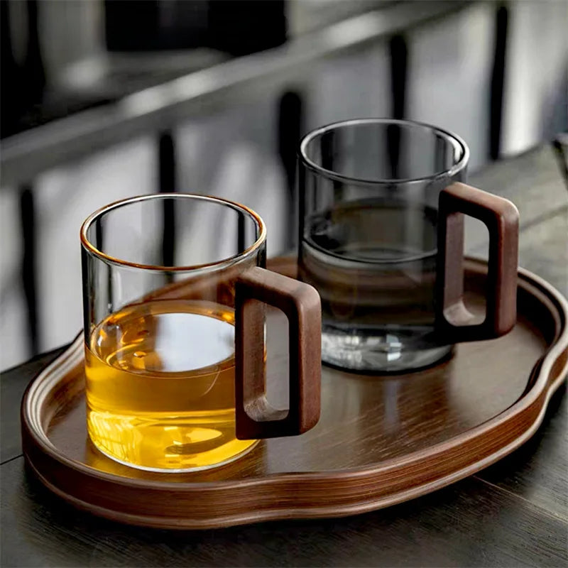 Elegant Glass Tea Mug with Walnut Handle | 400ML /13.5Oz Heat-Resistant Design for Versatile Enjoyment