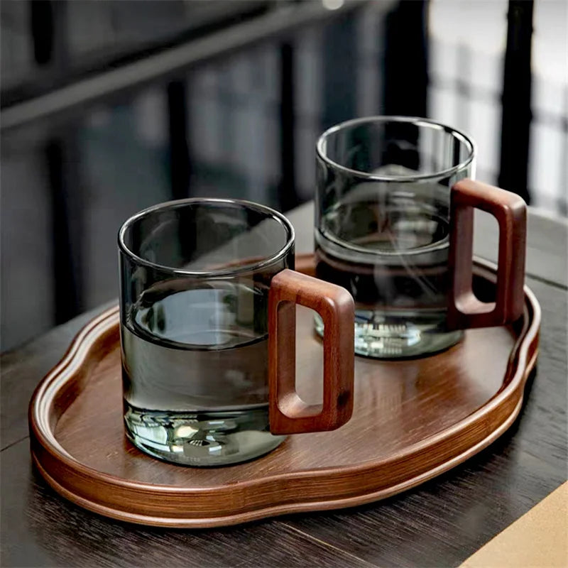 Elegant Glass Tea Mug with Walnut Handle | 400ML /13.5Oz Heat-Resistant Design for Versatile Enjoyment