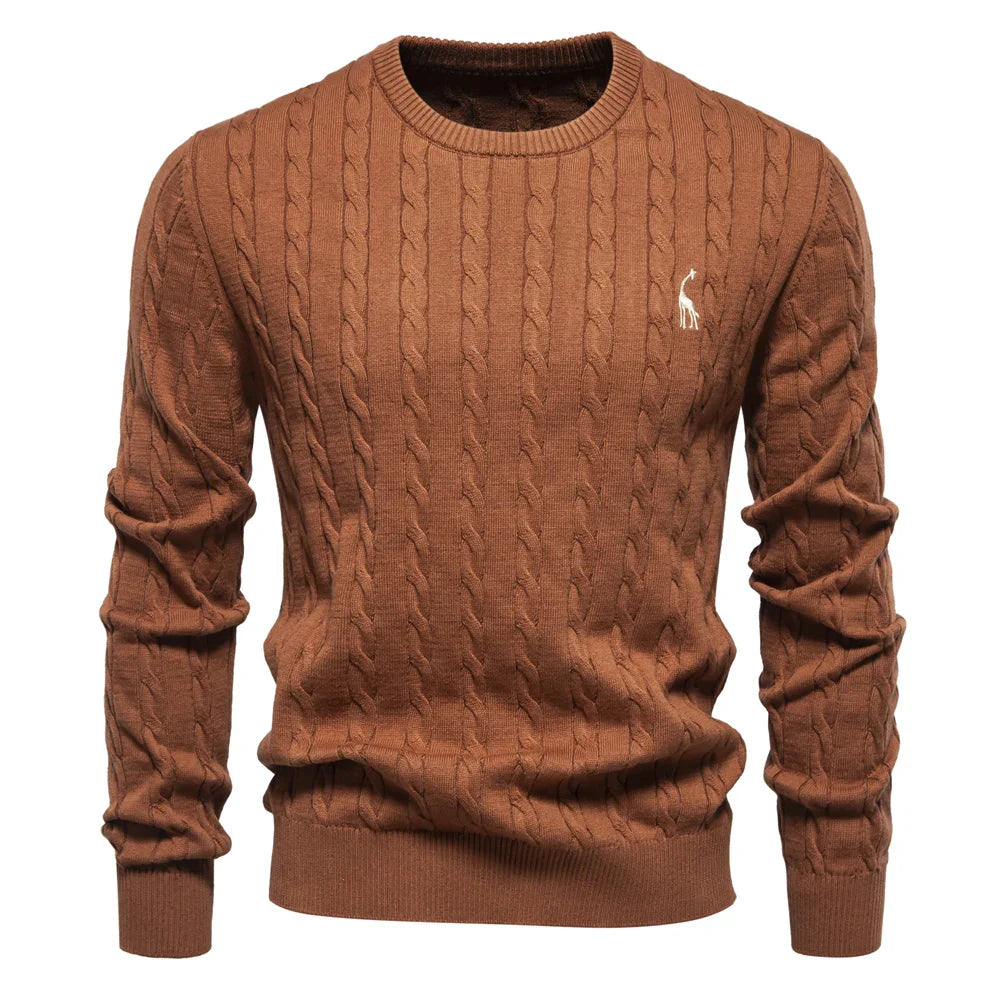 Men's Cotton Knit Sweater | Classic Twist Design with Playful Giraffe Embroidery | Soft Touch Comfort