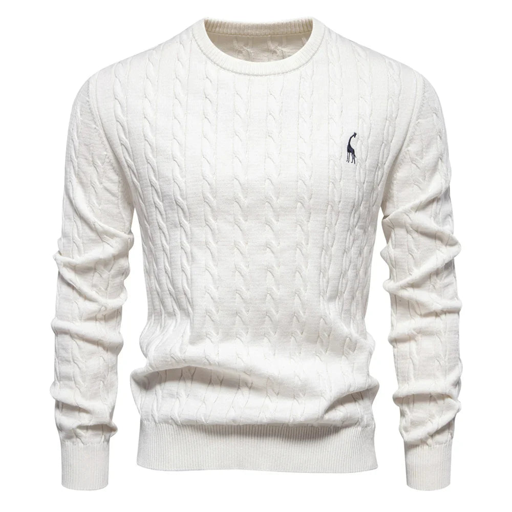 Men's Cotton Knit Sweater | Classic Twist Design with Playful Giraffe Embroidery | Soft Touch Comfort