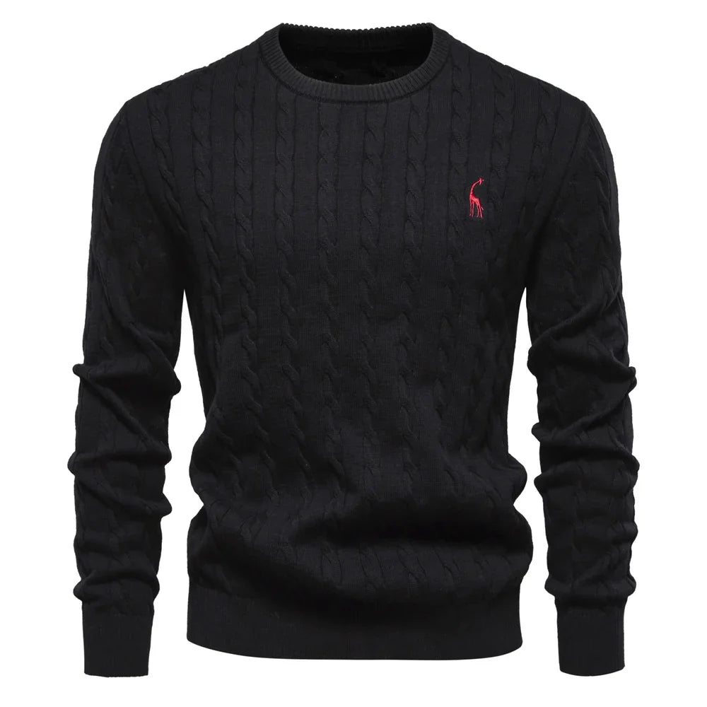Men's Cotton Knit Sweater | Classic Twist Design with Playful Giraffe Embroidery | Soft Touch Comfort
