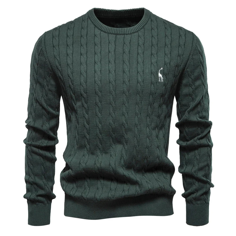 Men's Cotton Knit Sweater | Classic Twist Design with Playful Giraffe Embroidery | Soft Touch Comfort