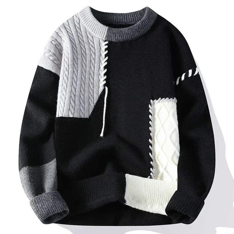 Men's Knit Patchwork Sweater | Textured Relaxed Fit with Bold Contrast