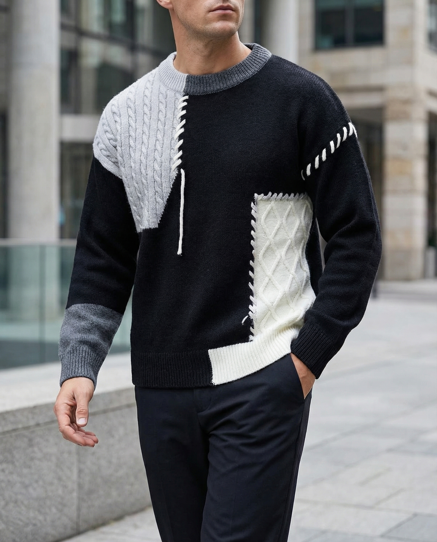 Men's Knit Patchwork Sweater | Textured Relaxed Fit with Bold Contrast