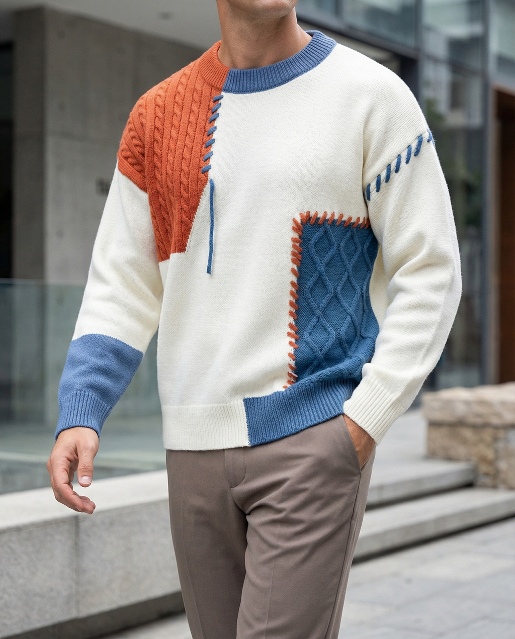 Men's Knit Patchwork Sweater | Textured Relaxed Fit with Bold Contrast