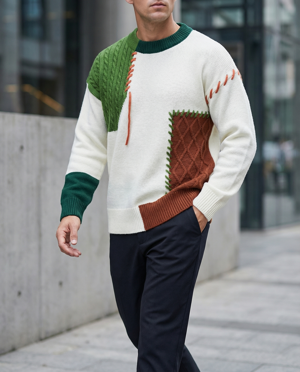 Men's Knit Patchwork Sweater | Textured Relaxed Fit with Bold Contrast