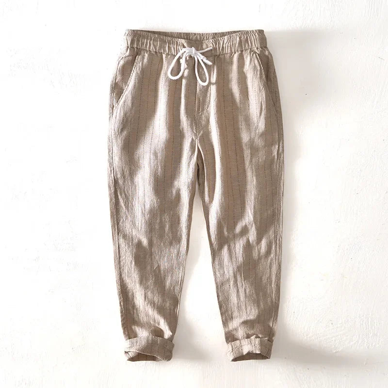 Men's Linen Cotton Striped Ankle-Length Pants | Lightweight Breathable Summer Comfort
