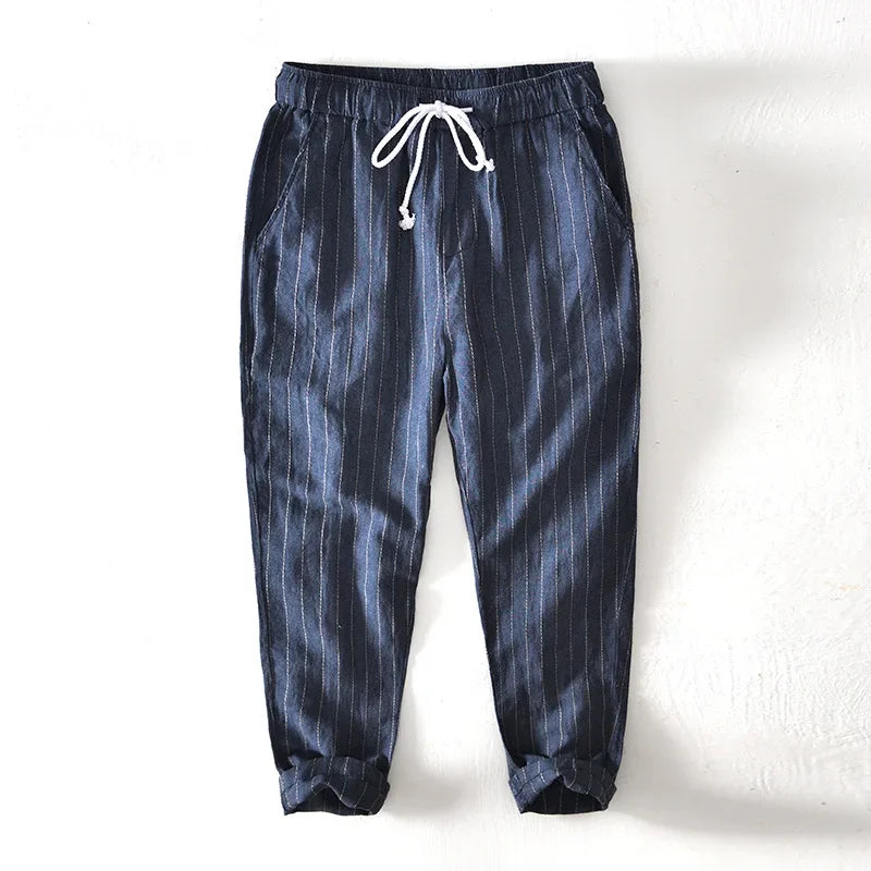 Men's Linen Cotton Striped Ankle-Length Pants | Lightweight Breathable Summer Comfort