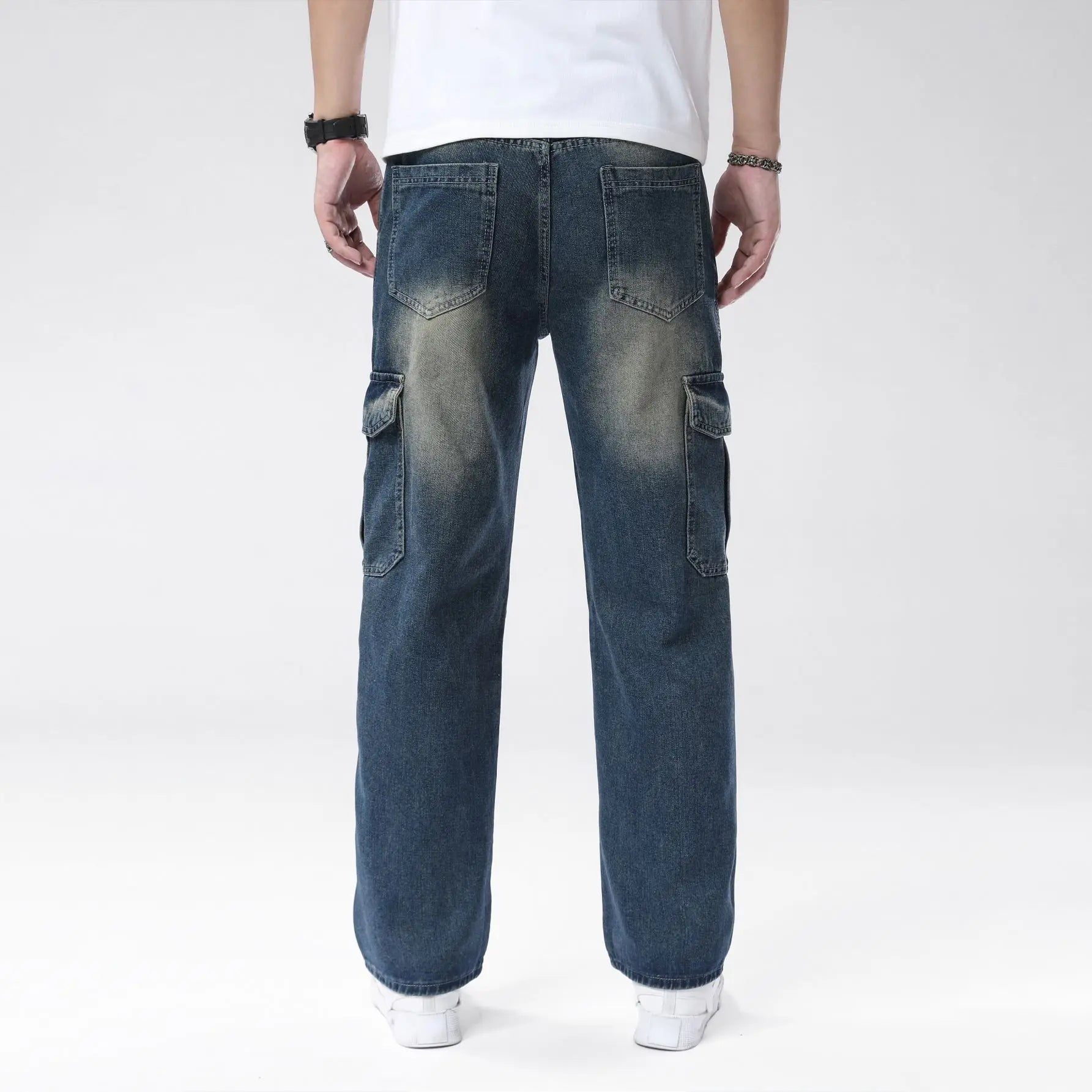 Men's Non-Stretch Polyester-Cotton Denim Jeans | Casual Deep Blue Straight Leg Workwear Pants