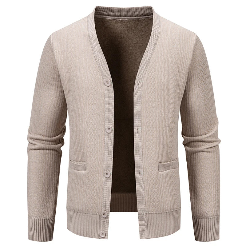Men's Plush Knit V-Neck Sweater Jacket | Refined Versatile Business Essential