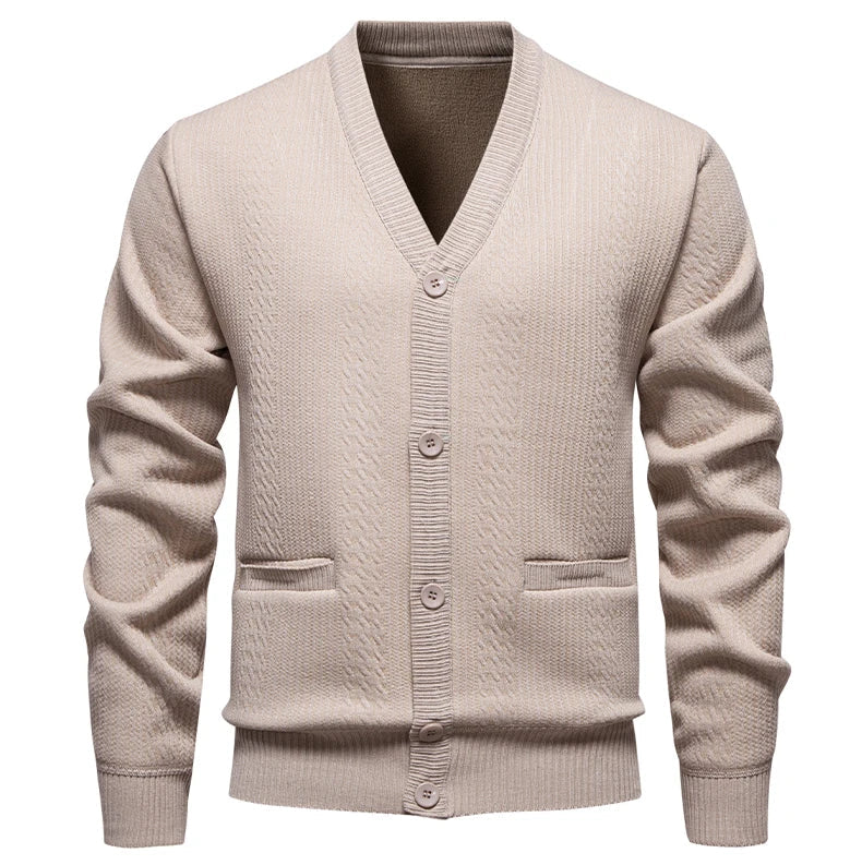 Men's Plush Knit V-Neck Sweater Jacket | Refined Versatile Business Essential