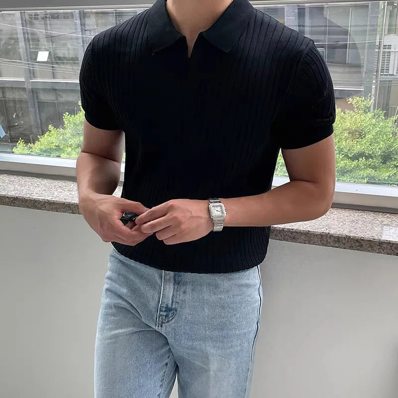 Men's Ribbed Knit Polo Shirt | Lightweight Breathable Comfort