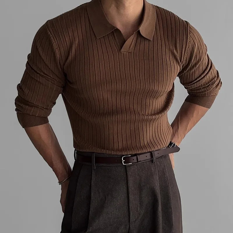 Men's Ribbed Long Sleeve Polo Shirt | Refined Casual Elegance