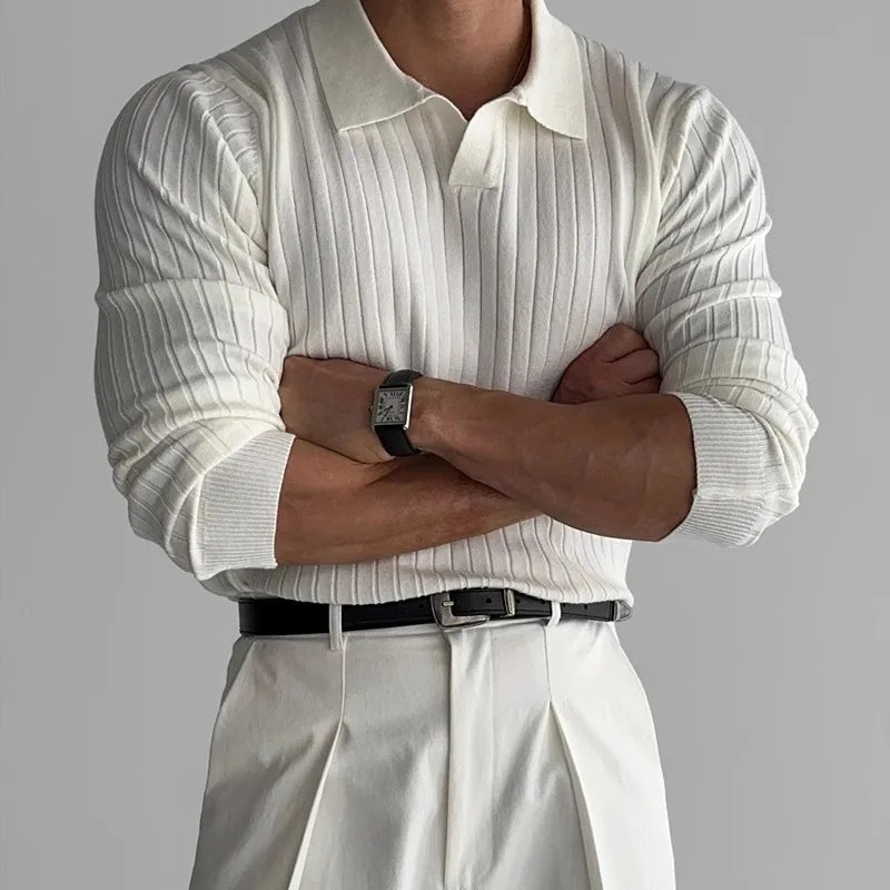 Men's Ribbed Long Sleeve Polo Shirt | Refined Casual Elegance