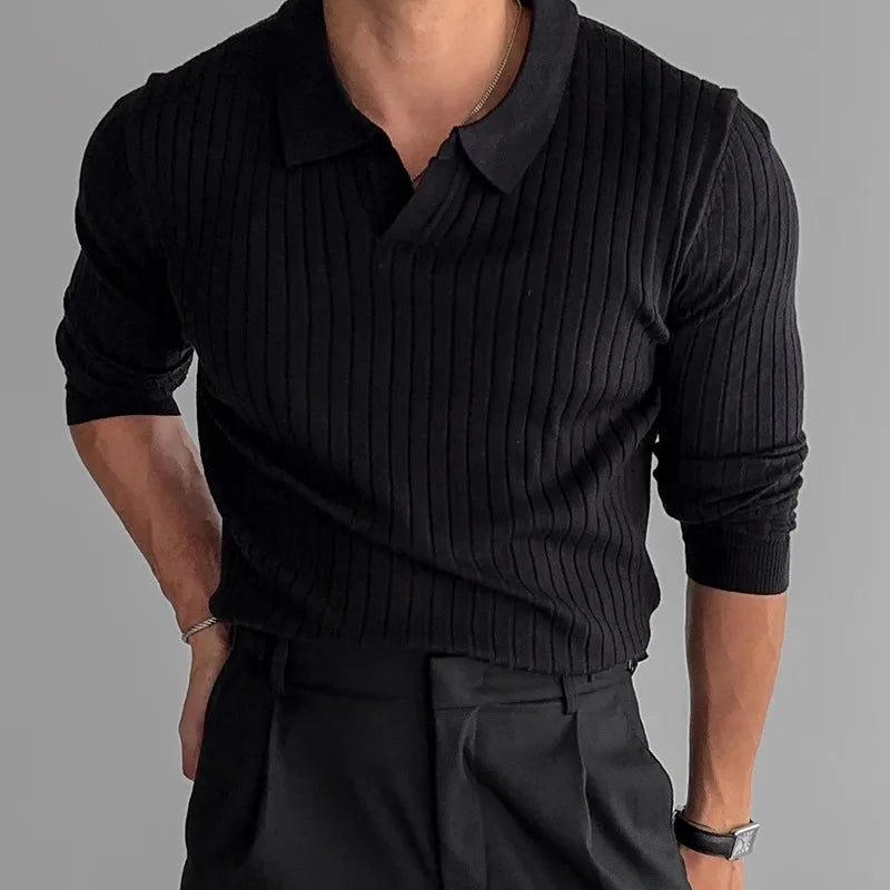 Men's Ribbed Long Sleeve Polo Shirt | Refined Casual Elegance
