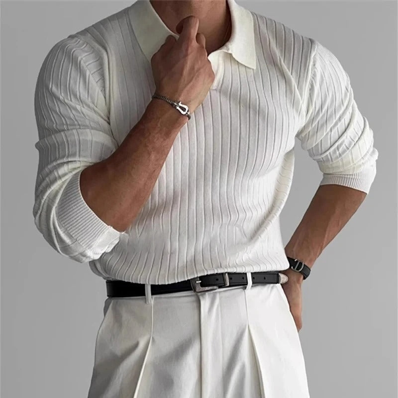 Men's Ribbed Long Sleeve Polo Shirt | Refined Casual Elegance