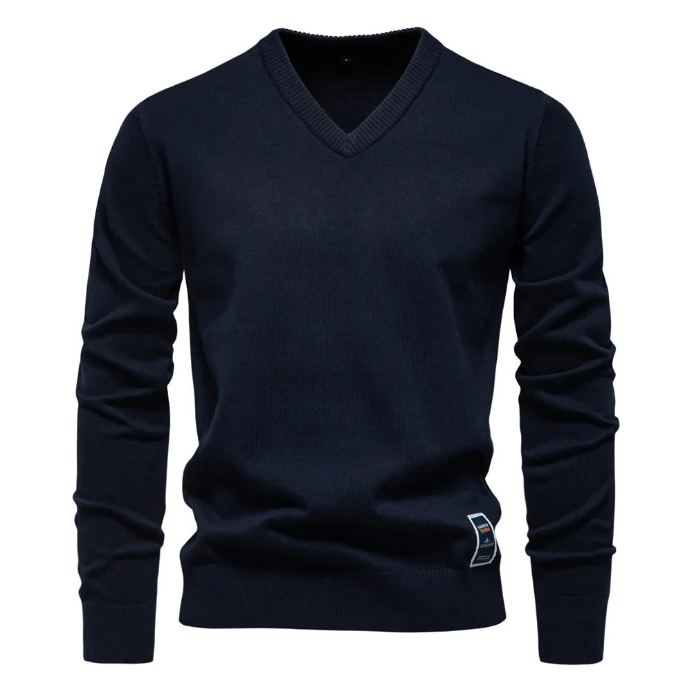 Men's Solid Color V-Neck Pullover Sweater | Tailored Warm Casual Essential