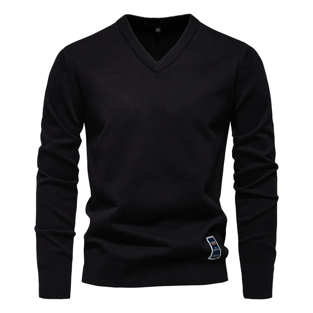 Men's Solid Color V-Neck Pullover Sweater | Tailored Warm Casual Essential