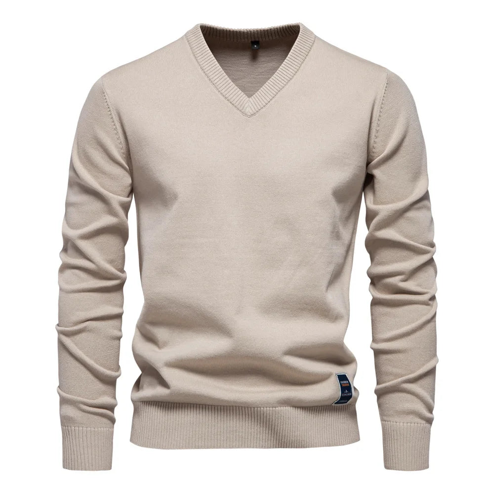 Men's Solid Color V-Neck Pullover Sweater | Tailored Warm Casual Essential