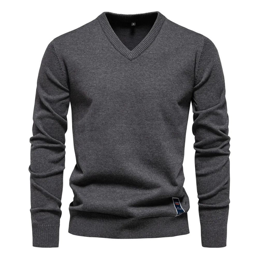 Men's Solid Color V-Neck Pullover Sweater | Tailored Warm Casual Essential