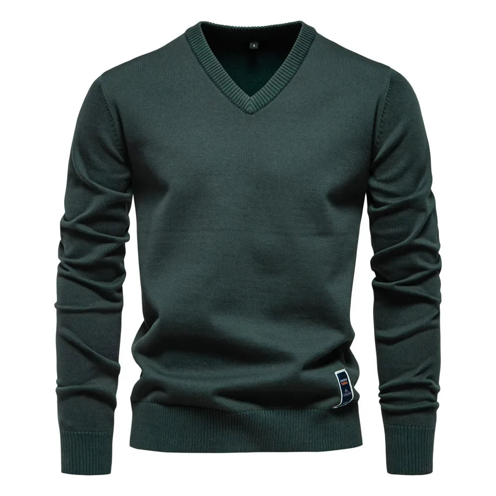 Men's Solid Color V-Neck Pullover Sweater | Tailored Warm Casual Essential