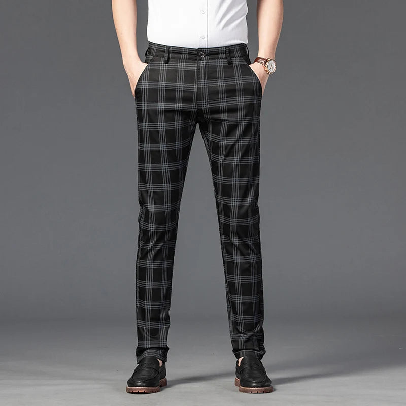 Men's Stretch Fabric Slim Fit Trousers | Tailored Bold Plaid Design
