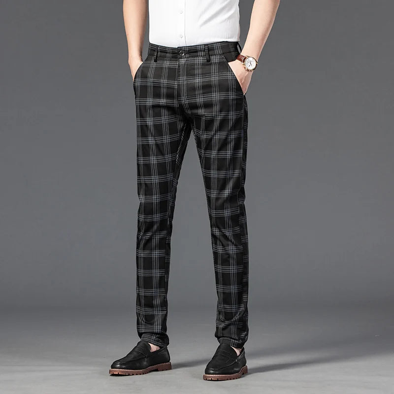 Men's Stretch Fabric Slim Fit Trousers | Tailored Bold Plaid Design