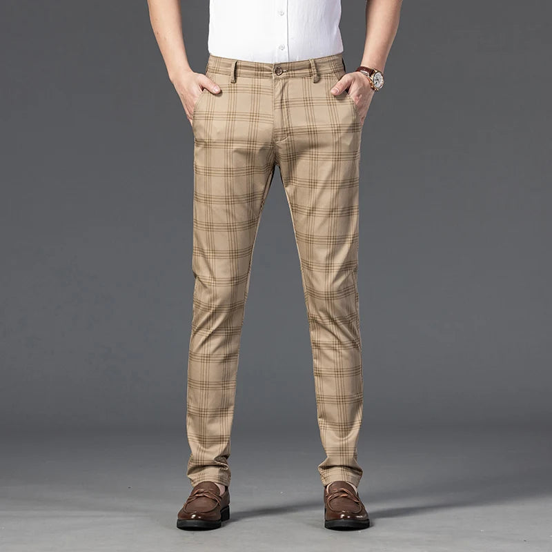 Men's Stretch Fabric Slim Fit Trousers | Tailored Bold Plaid Design