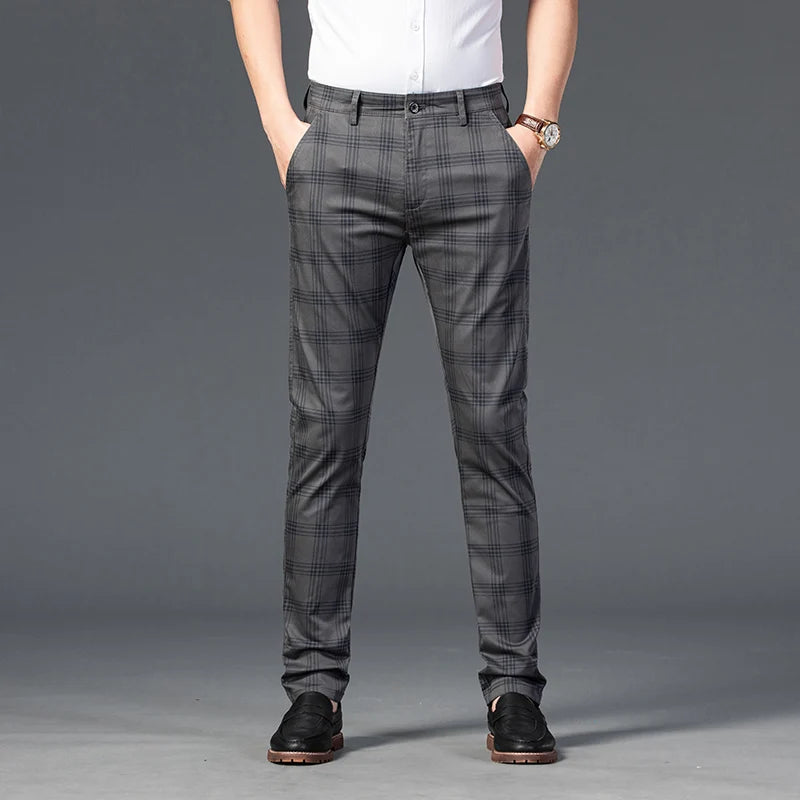 Men's Stretch Fabric Slim Fit Trousers | Tailored Bold Plaid Design