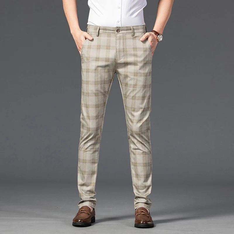 Men's Stretch Fabric Slim Fit Trousers | Tailored Bold Plaid Design