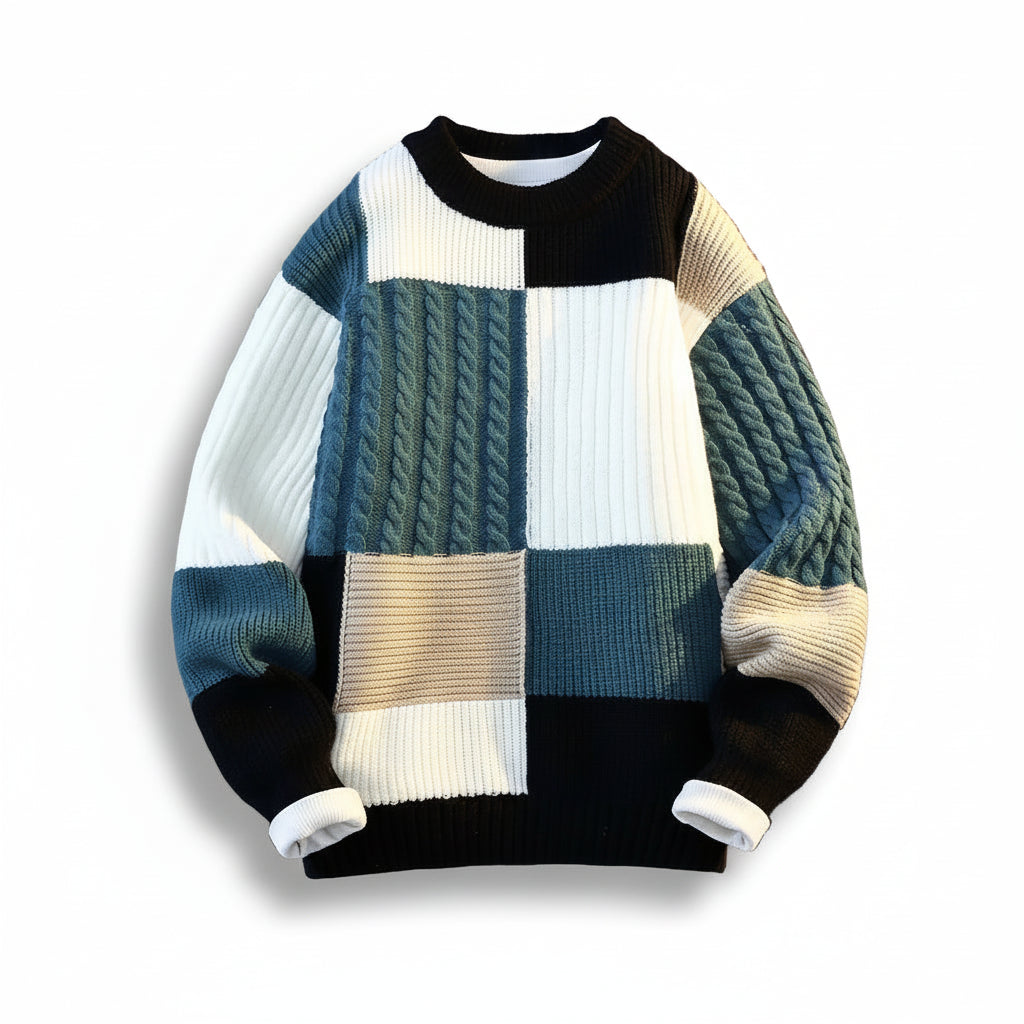 Men's Thick Knit Sweater | Bold Plaid Patchwork Design for Winter Style