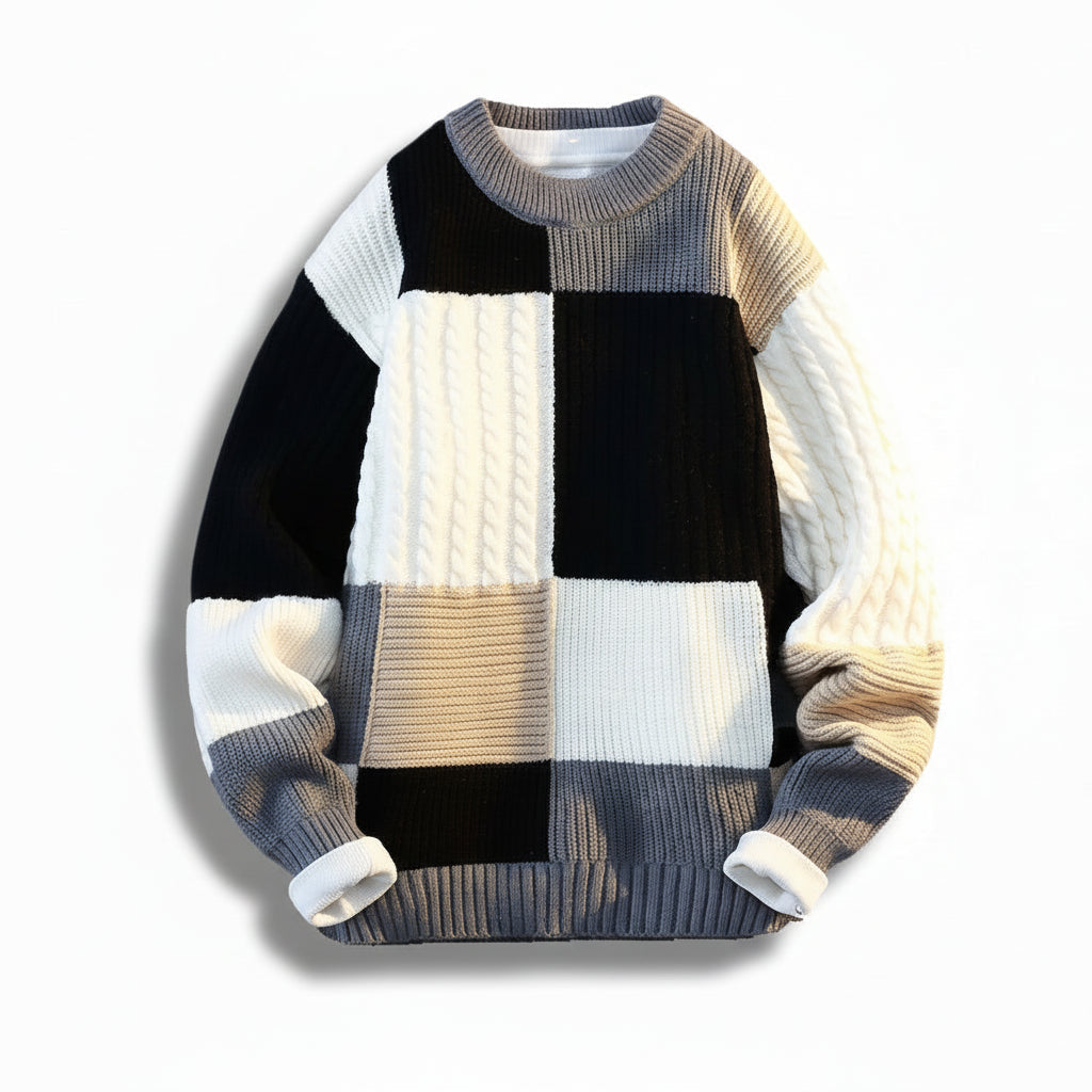 Men's Thick Knit Sweater | Bold Plaid Patchwork Design for Winter Style