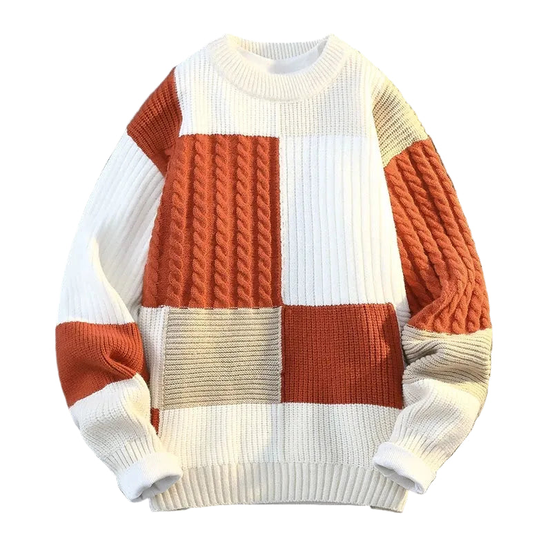Men's Thick Knit Sweater | Bold Plaid Patchwork Design for Winter Style