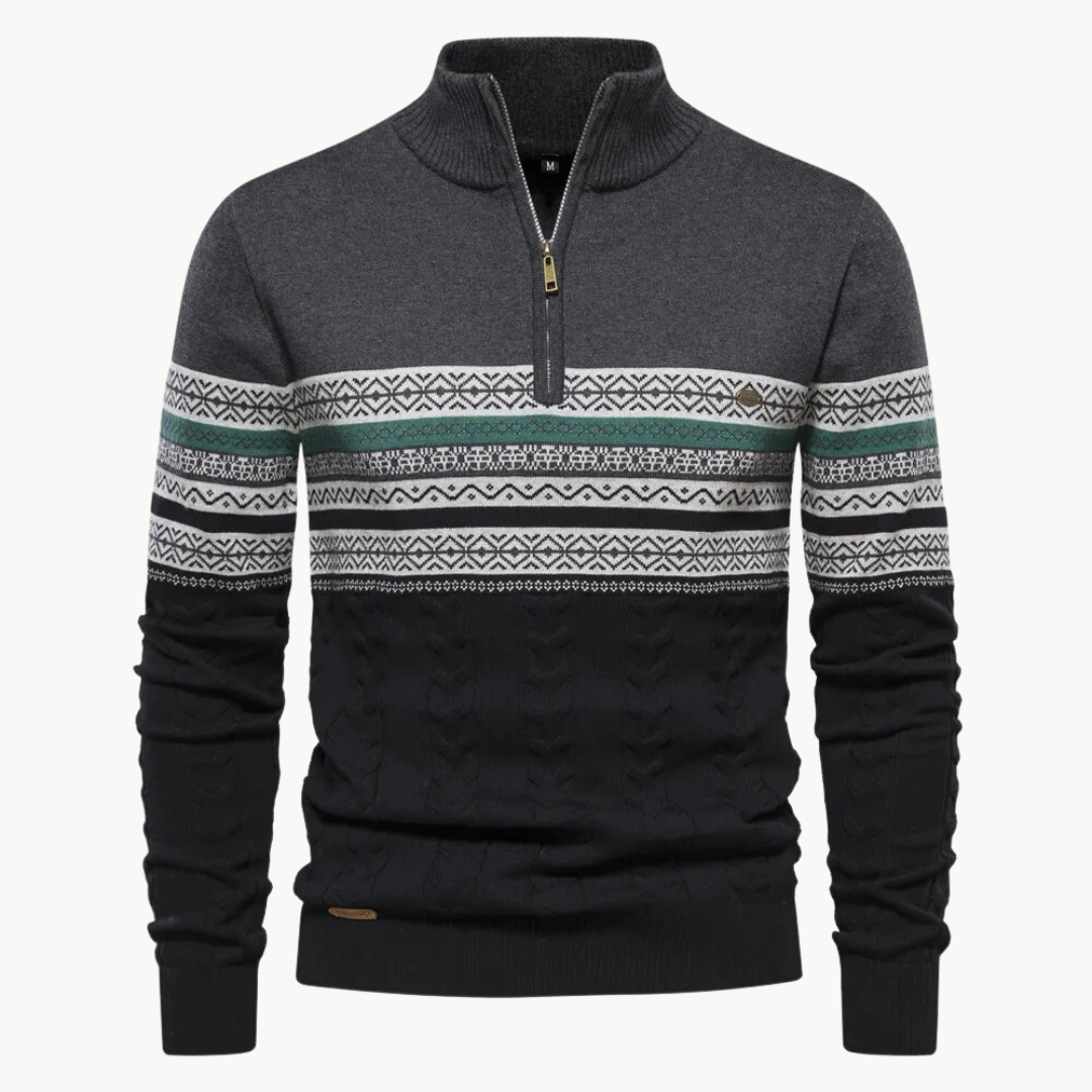 Men's Cozy Cotton Blend Pullover | Elegant Two-Tone Zip Sweater