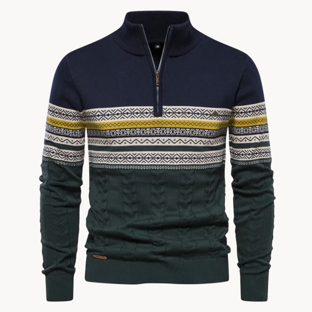 Men's Cozy Cotton Blend Pullover | Elegant Two-Tone Zip Sweater