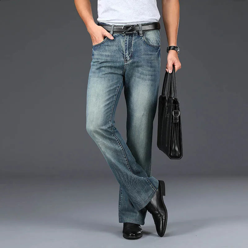 Men's Faded Black Cotton Blend Flared Jeans | Timeless Vintage Appeal