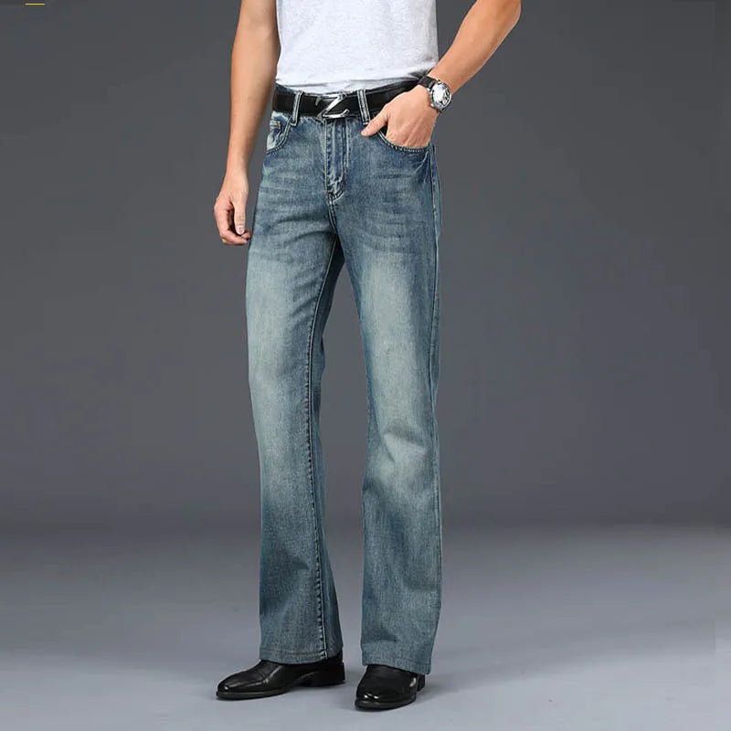 Men's Faded Black Cotton Blend Flared Jeans | Timeless Vintage Appeal